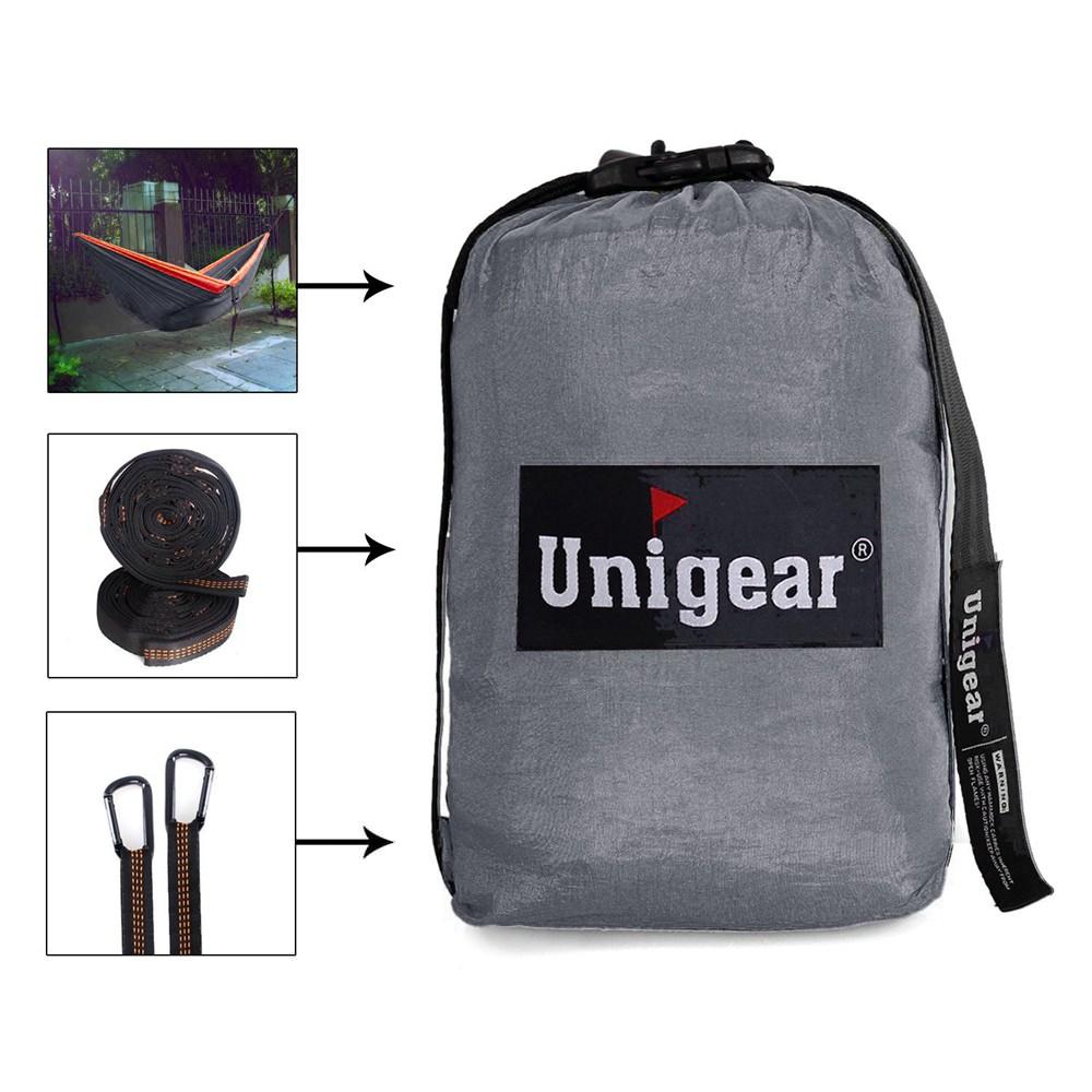 Gray hammock with Unigear branding, including a hammock, straps, and a carrying bag on a white background.
