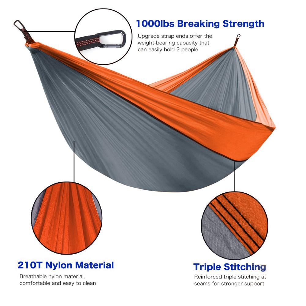 Orange and gray hammock with features highlighted on a white background