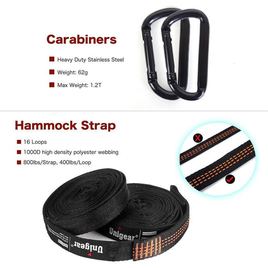 Carabiners and hammock straps with Unigear branding on a white background