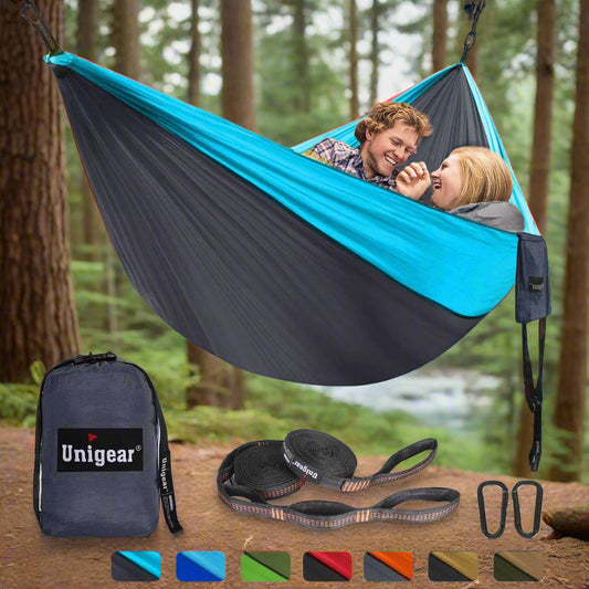 Blue and gray hammock with accessories on a white background